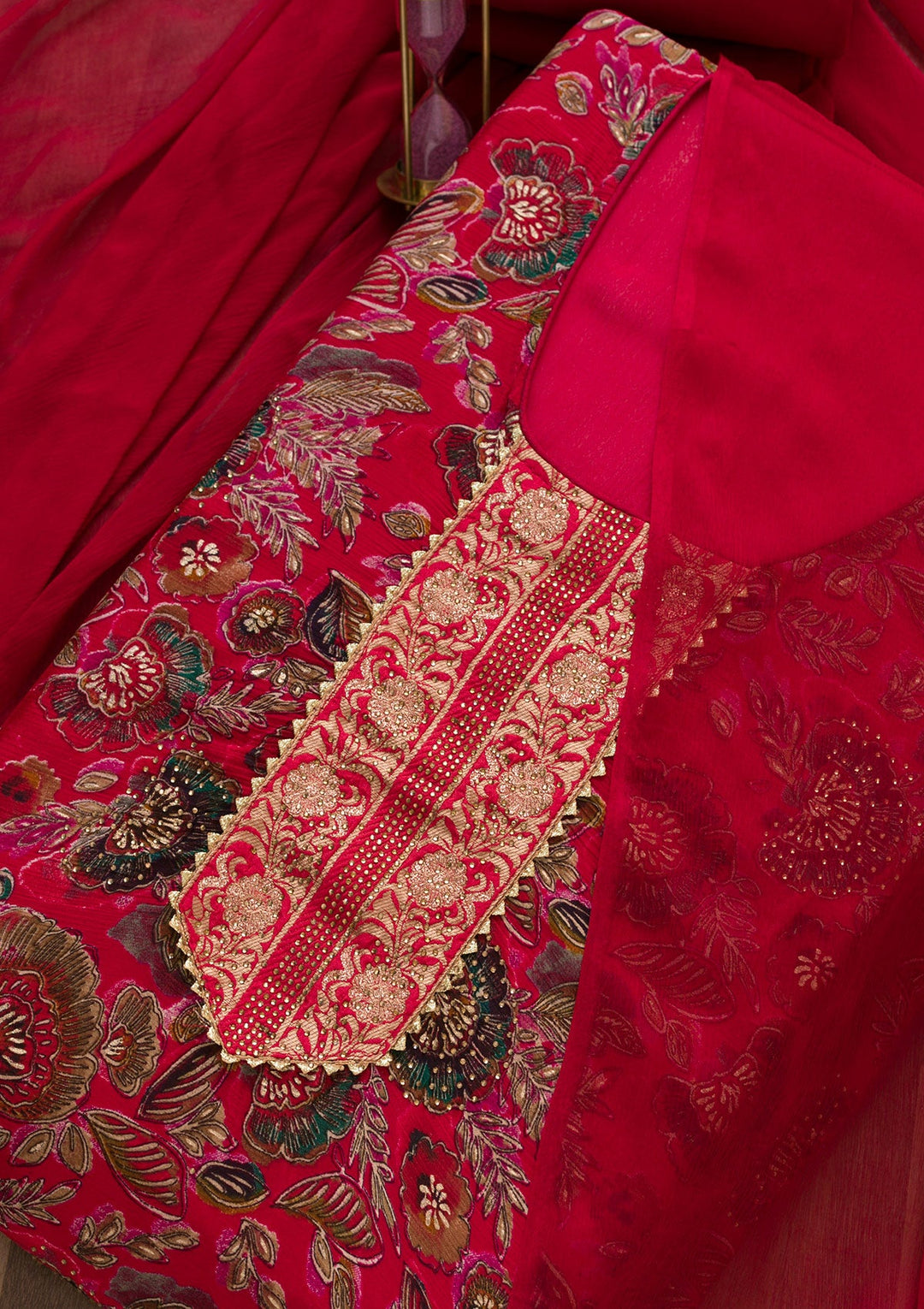 Red Swarovski Semi Crepe Semi-Stitched Salwar Suit-Koskii