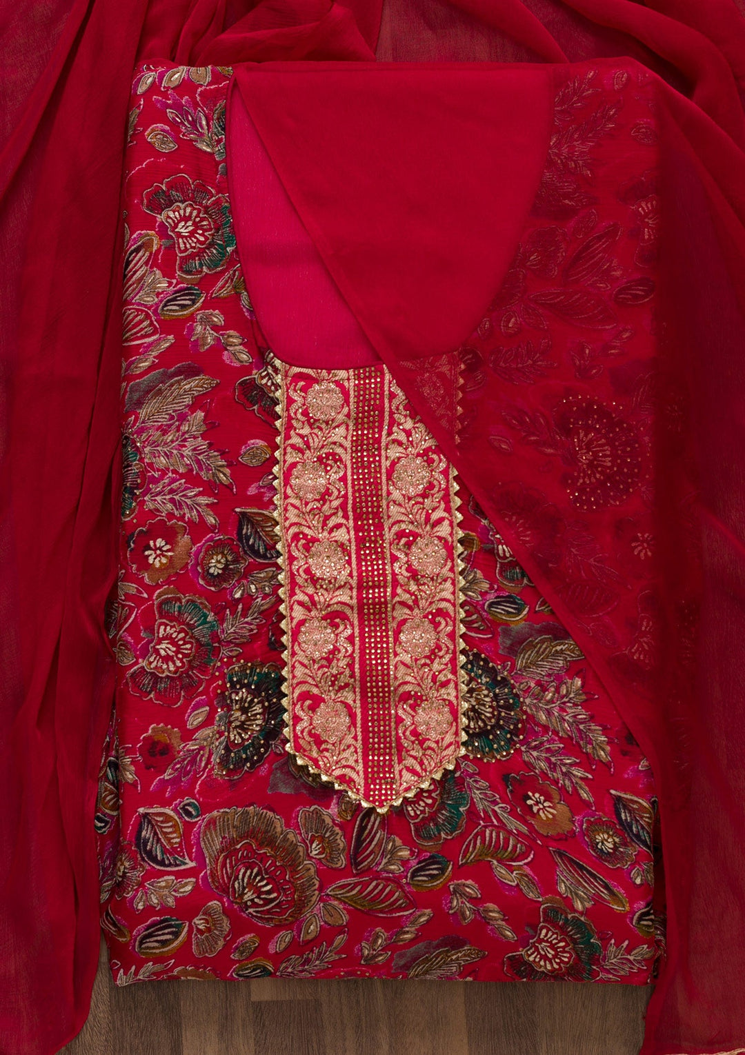 Red Swarovski Semi Crepe Semi-Stitched Salwar Suit-Koskii