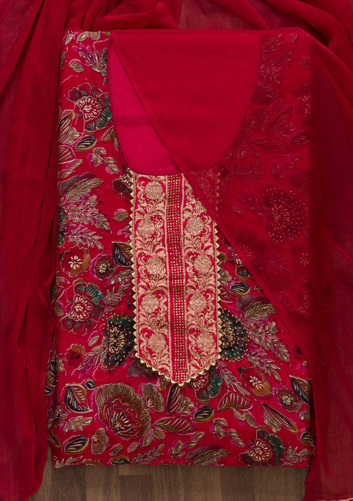 Red Swarovski Semi Crepe Semi-Stitched Salwar Suit-Koskii