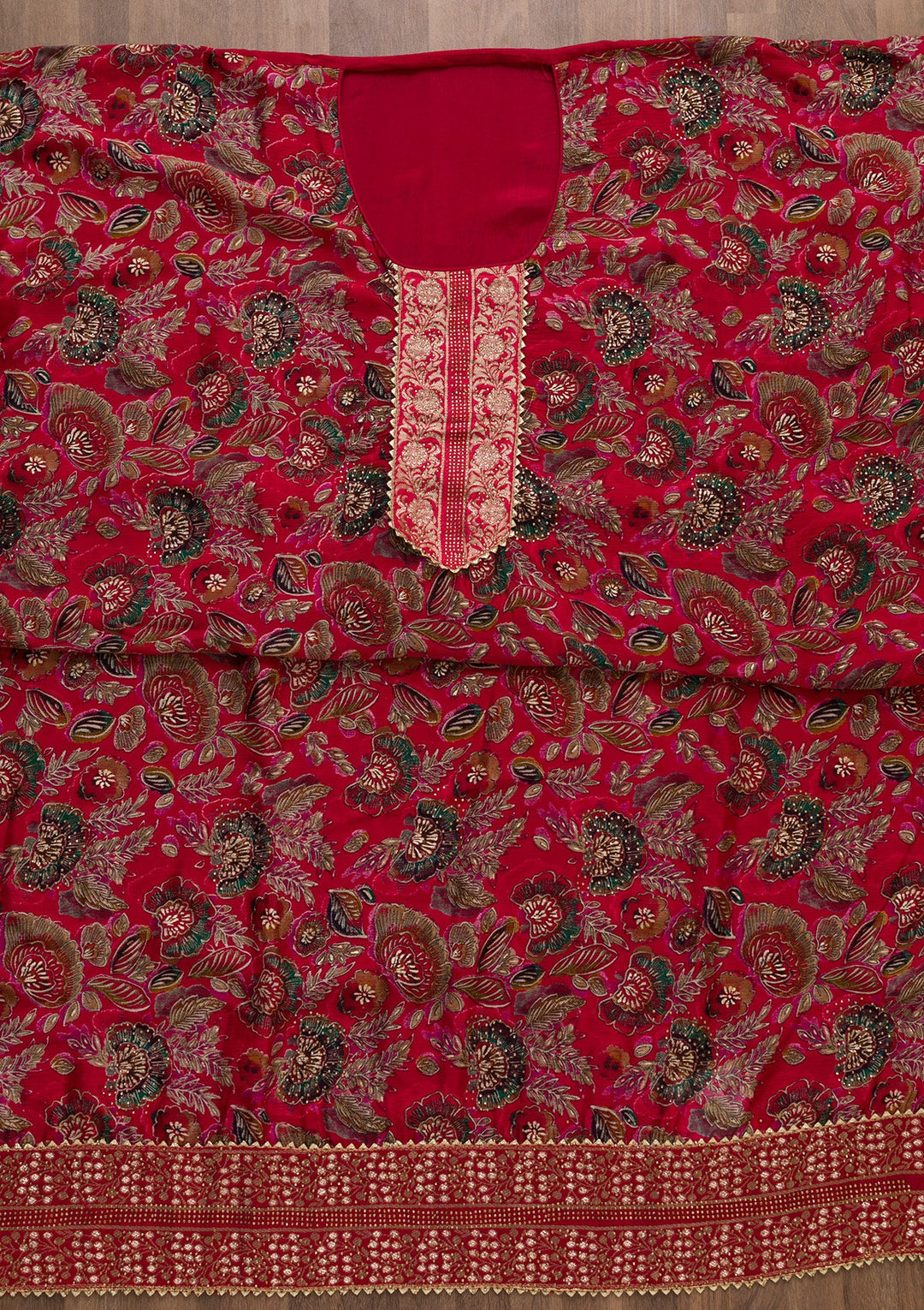 Red Swarovski Semi Crepe Semi-Stitched Salwar Suit-Koskii