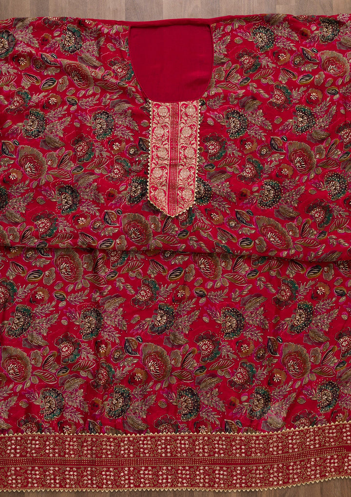 Red Swarovski Semi Crepe Semi-Stitched Salwar Suit-Koskii