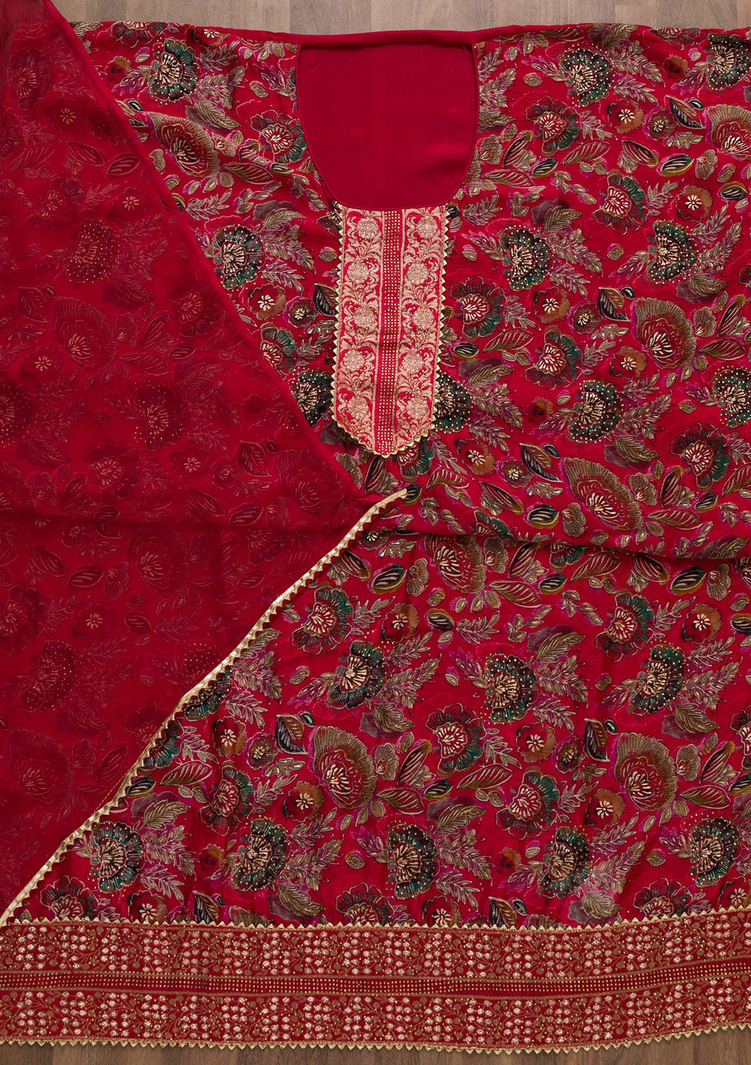 Red Swarovski Semi Crepe Semi-Stitched Salwar Suit-Koskii