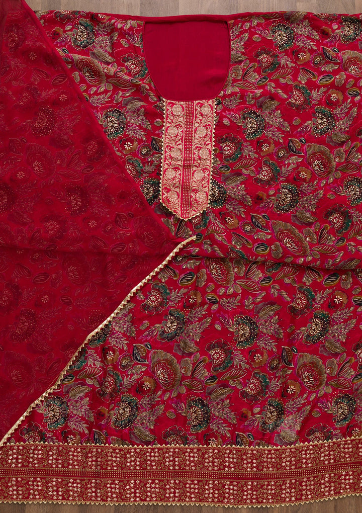 Red Swarovski Semi Crepe Semi-Stitched Salwar Suit-Koskii