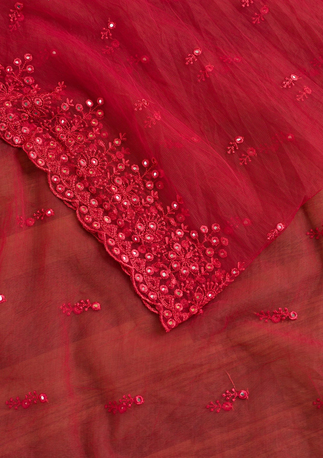 Red Threadwork Net Dupatta-Koskii