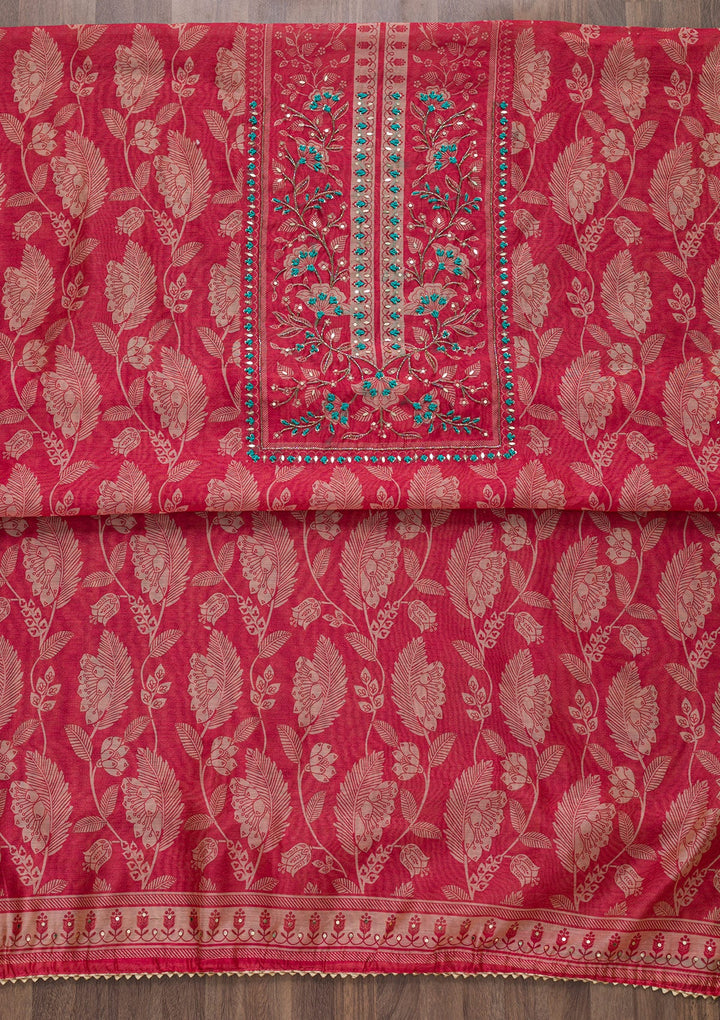 Red Threadwork Chanderi Unstitched Salwar Suit-Koskii