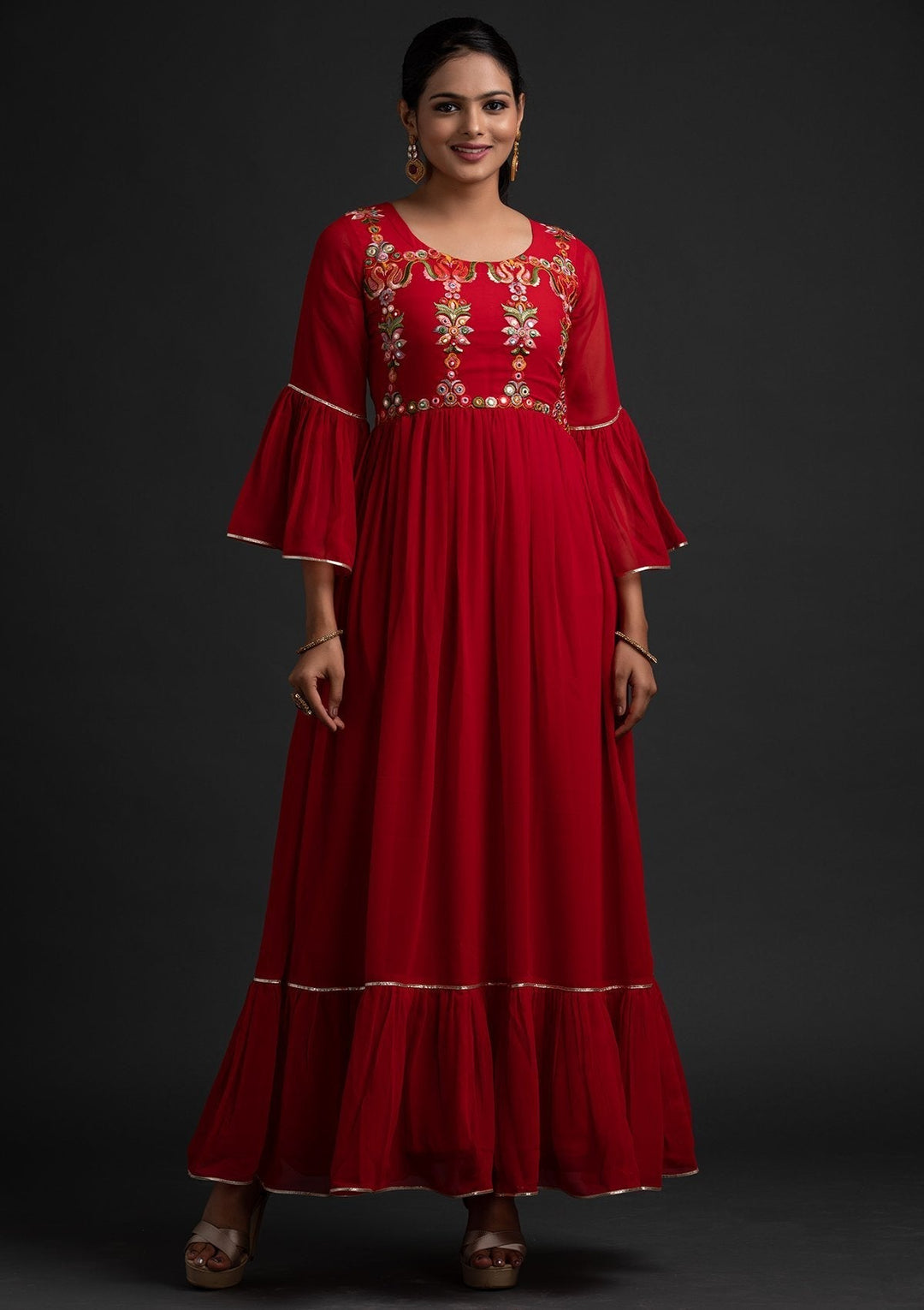 Red Threadwork Georgette Designer Gown - koskii