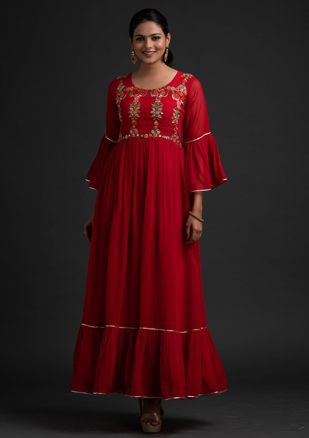 Red Threadwork Georgette Designer Gown - koskii