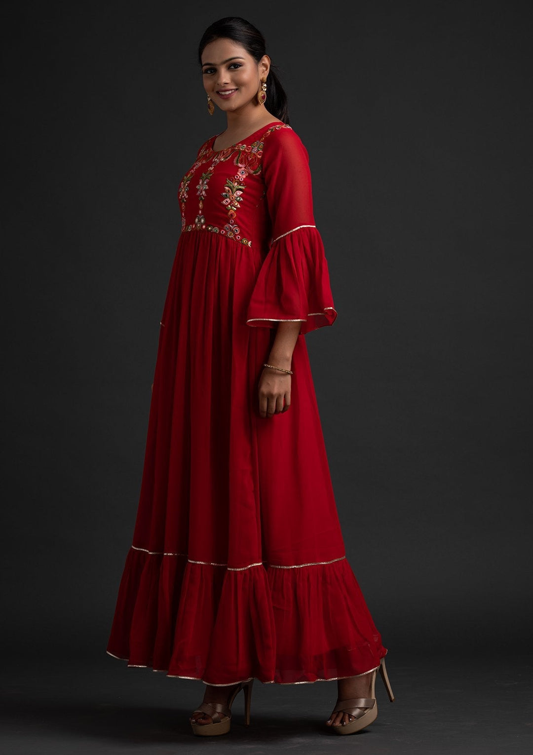Red Threadwork Georgette Designer Gown - koskii