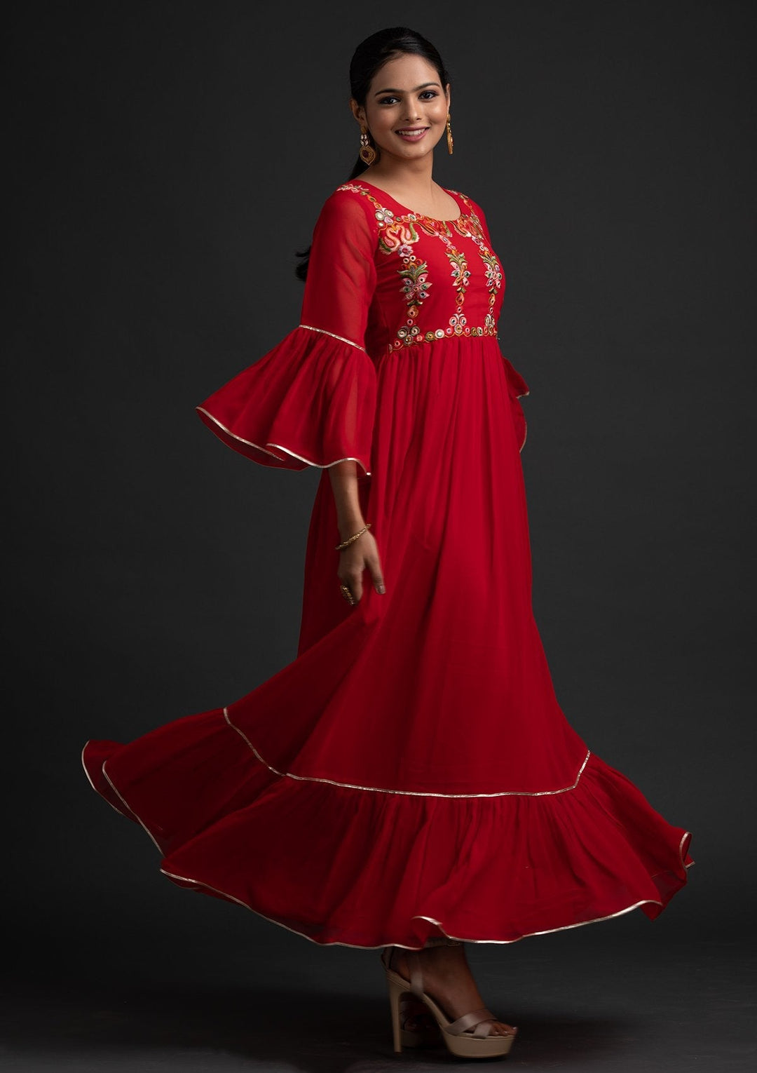 Red Threadwork Georgette Designer Gown - koskii