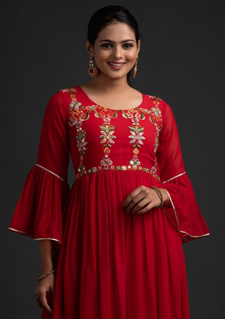 Red Threadwork Georgette Designer Gown - koskii