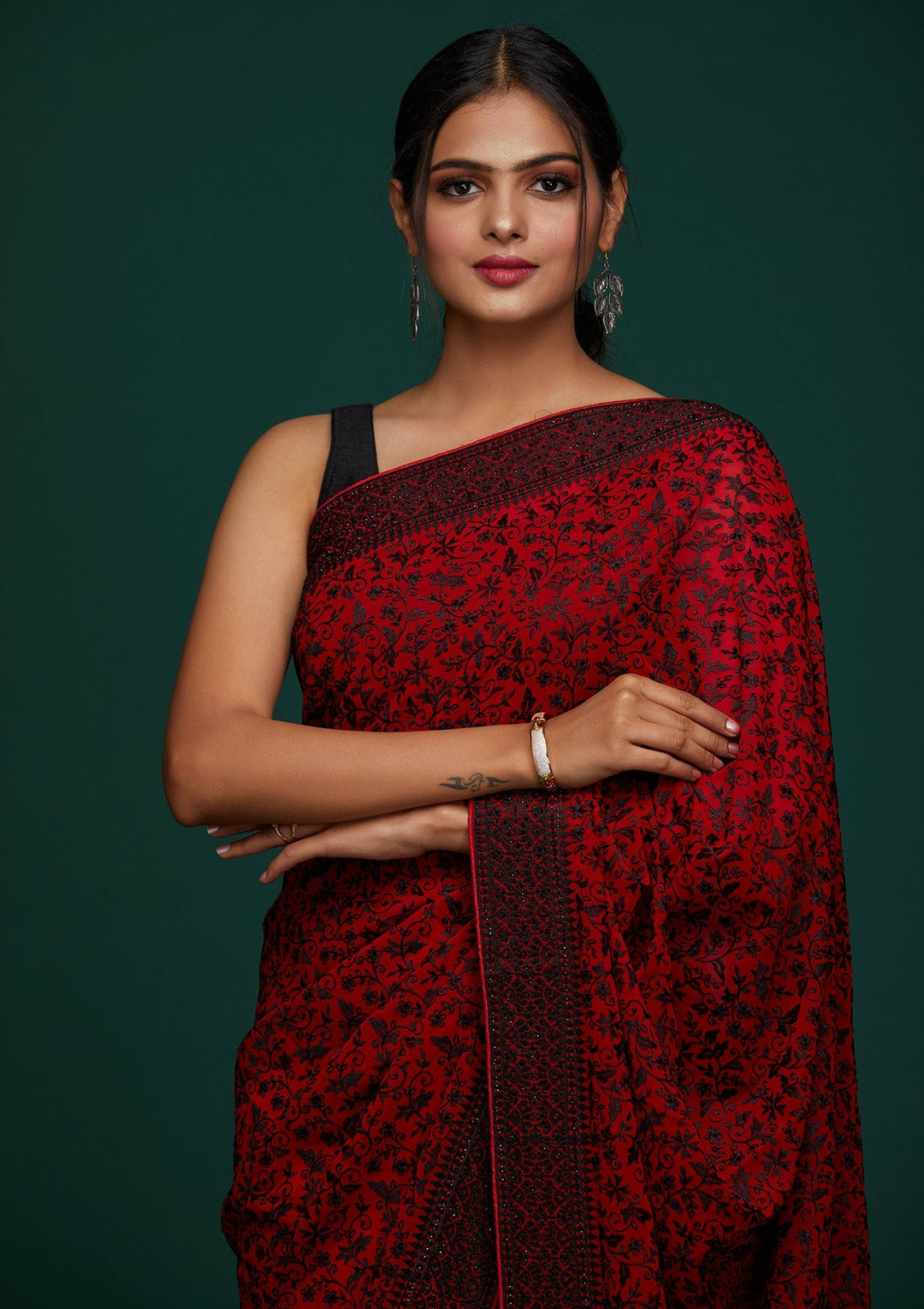 Red Threadwork Georgette Designer Saree - Koskii