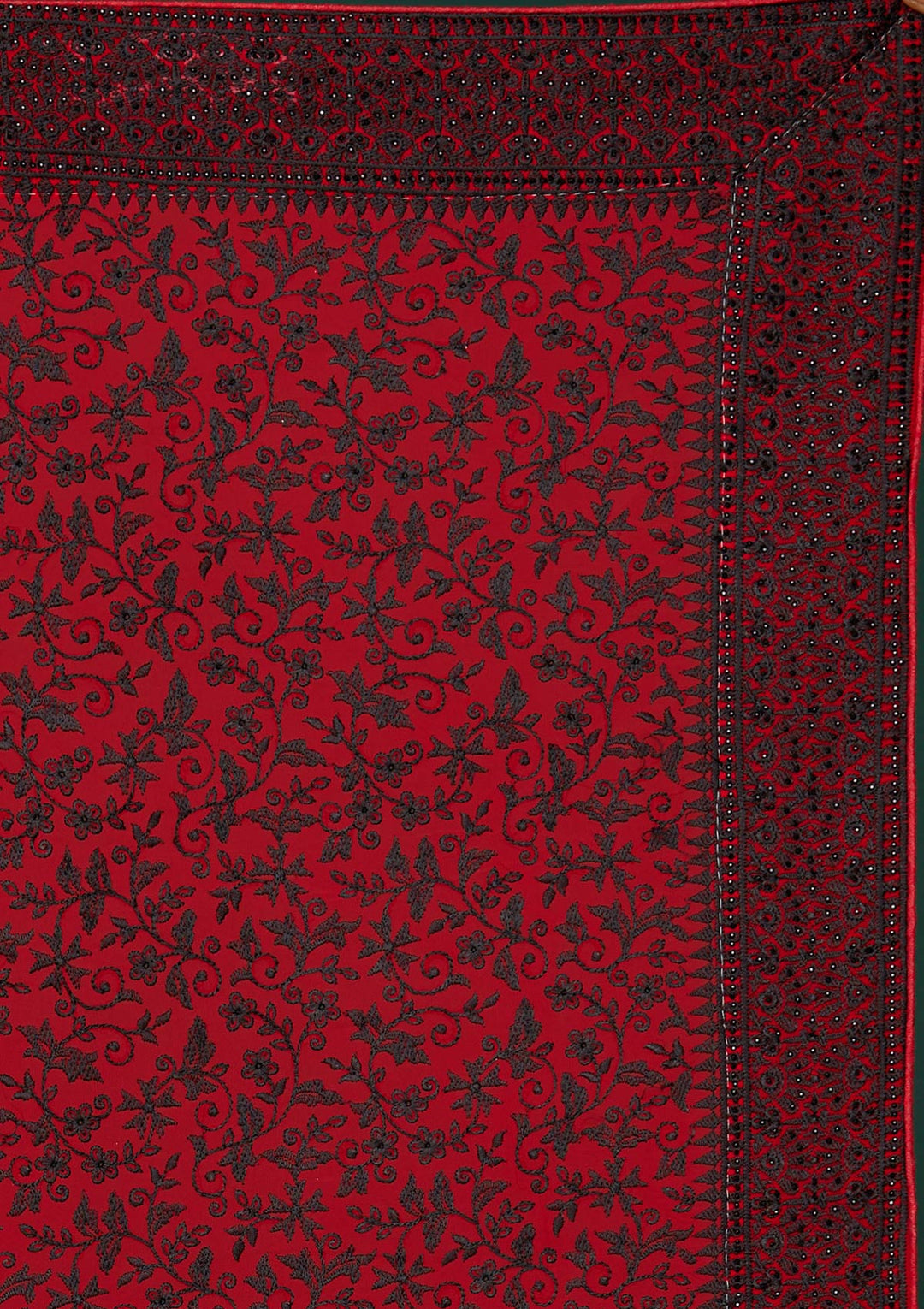 Red Threadwork Georgette Designer Saree - Koskii