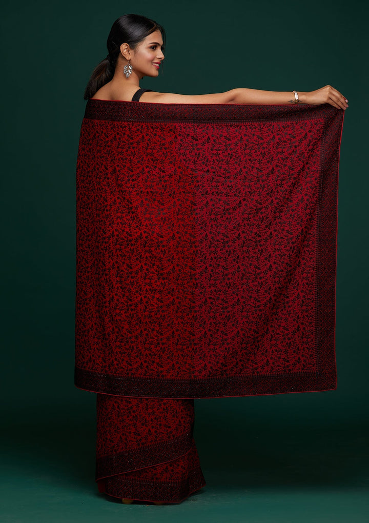 Red Threadwork Georgette Designer Saree - Koskii