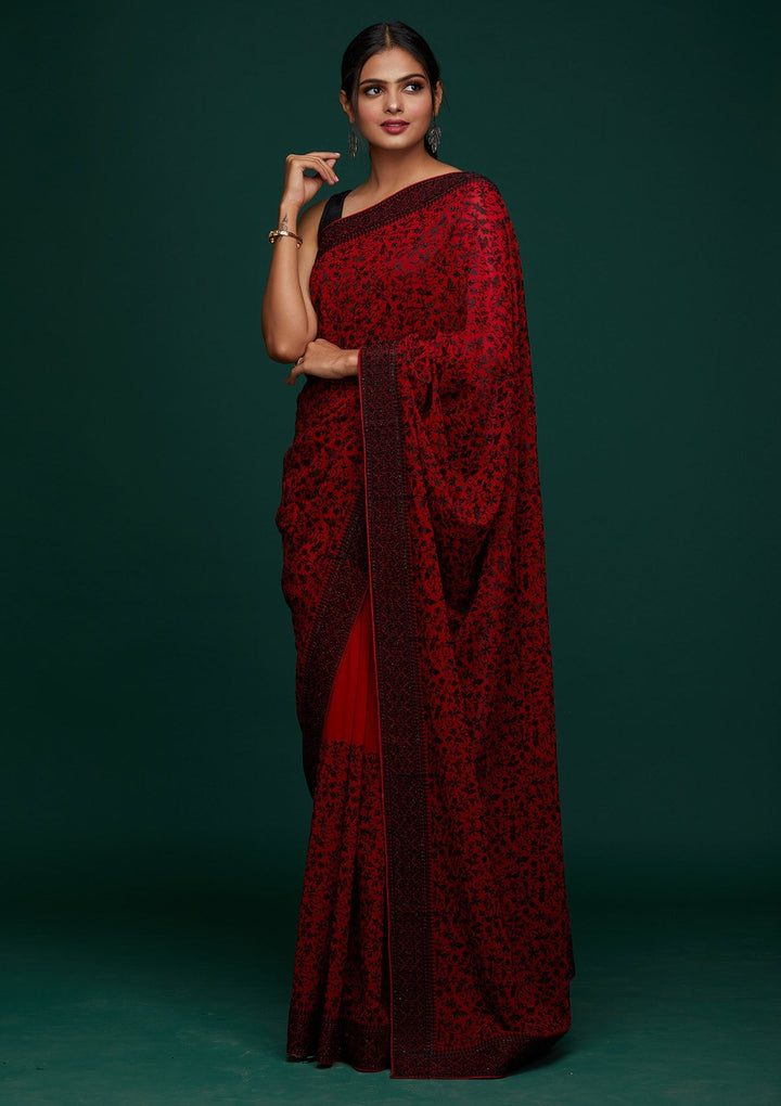 Red Threadwork Georgette Designer Saree - Koskii