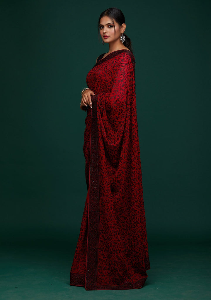 Red Threadwork Georgette Designer Saree - Koskii