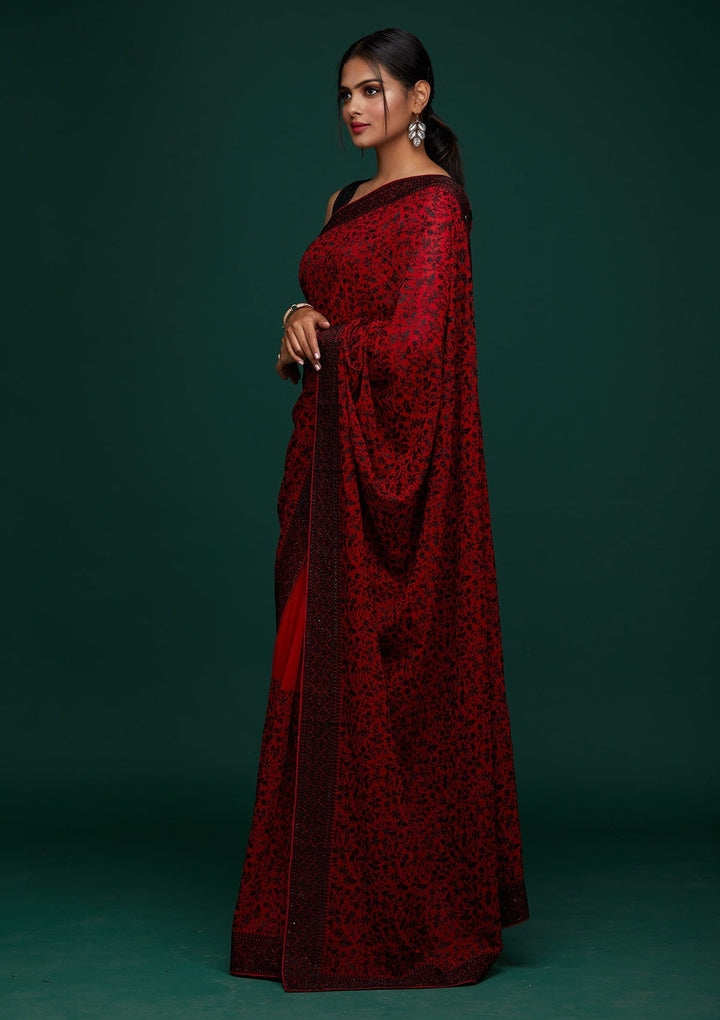 Red Threadwork Georgette Designer Saree - Koskii