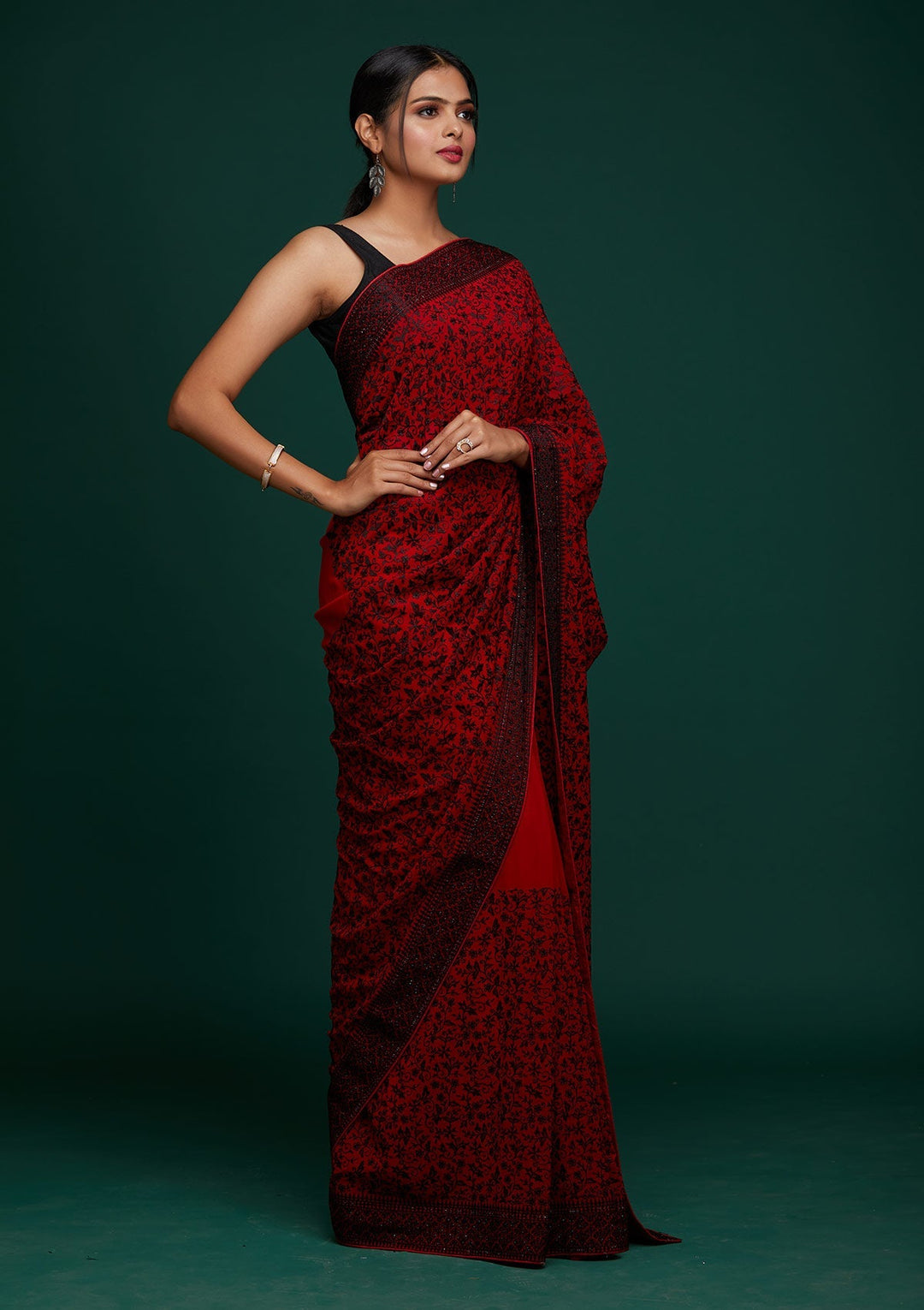 Red Threadwork Georgette Designer Saree - Koskii