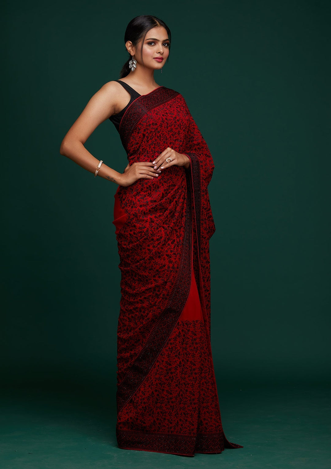 Red Threadwork Georgette Designer Saree - Koskii
