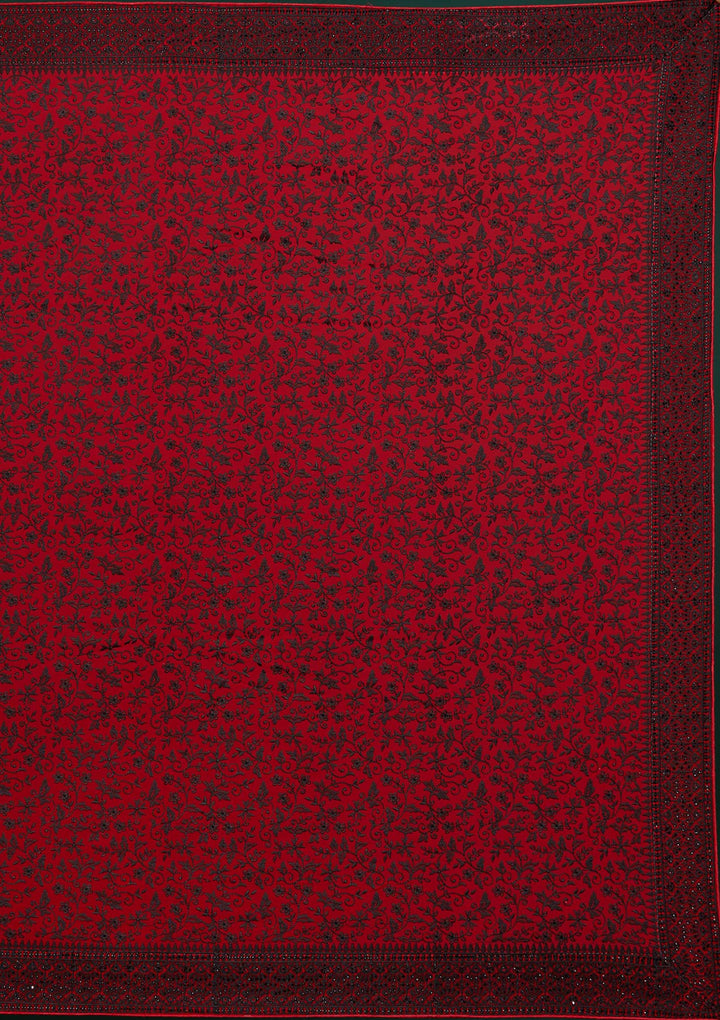 Red Threadwork Georgette Designer Saree - Koskii