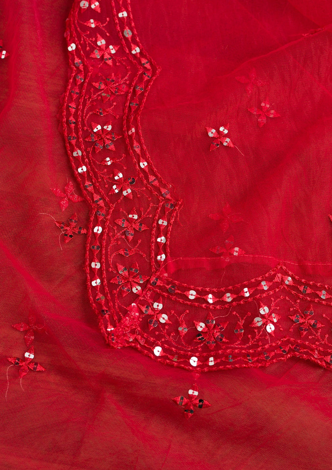 Red Threadwork Net Dupatta-Koskii