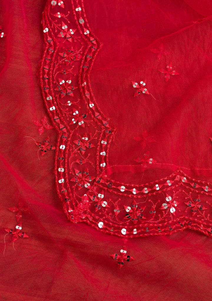 Red Threadwork Net Dupatta-Koskii