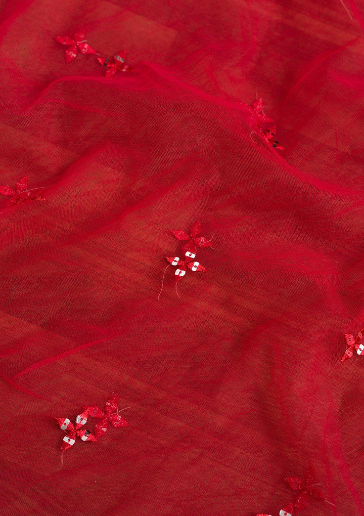 Red Threadwork Net Dupatta-Koskii