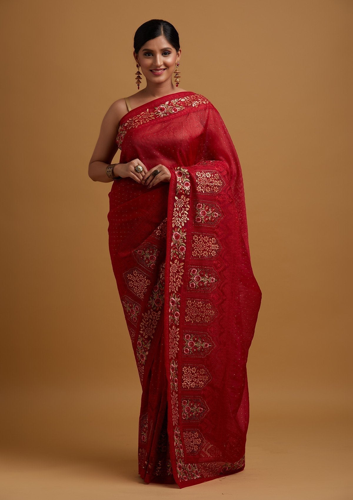 Red Threadwork Net Designer Saree - koskii