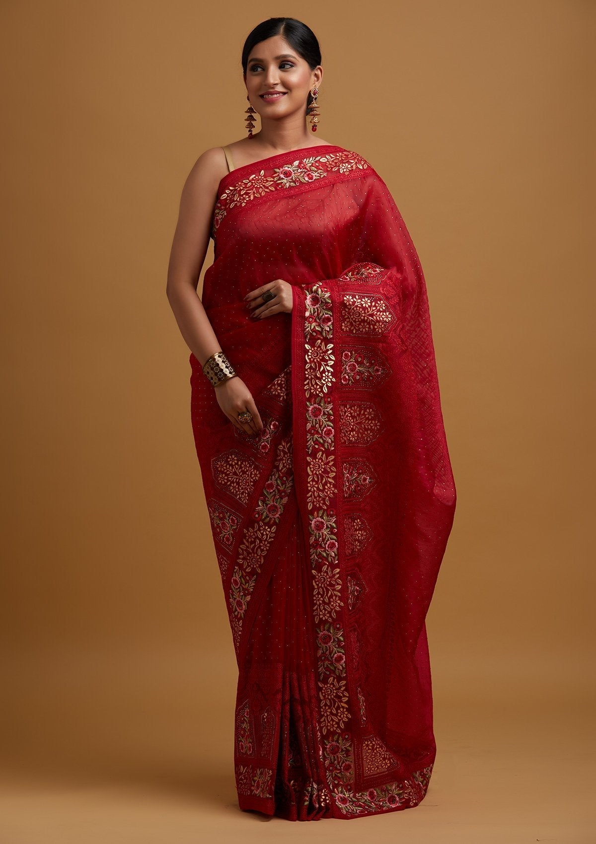 Red Threadwork Net Designer Saree - koskii