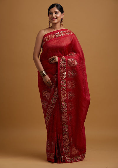 Red Threadwork Net Designer Saree - koskii