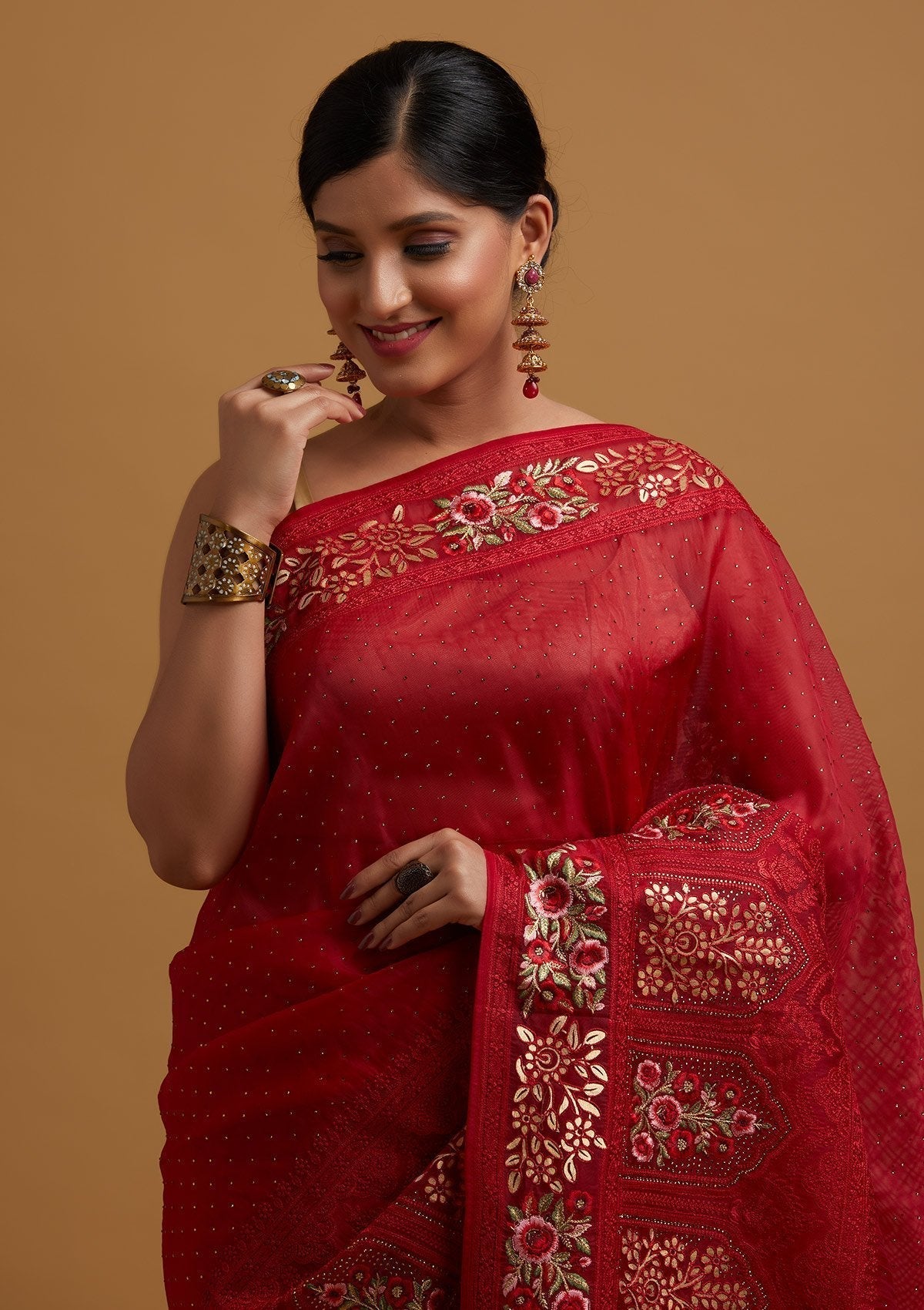 Red Threadwork Net Designer Saree - koskii