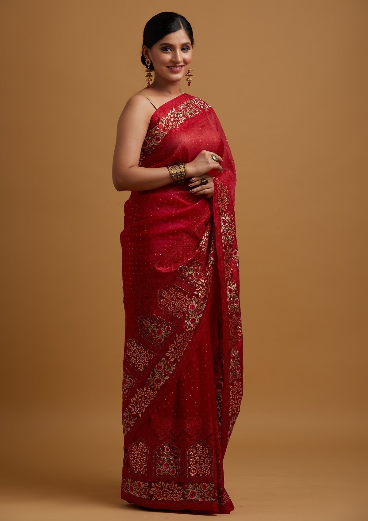 Red Threadwork Net Designer Saree - koskii