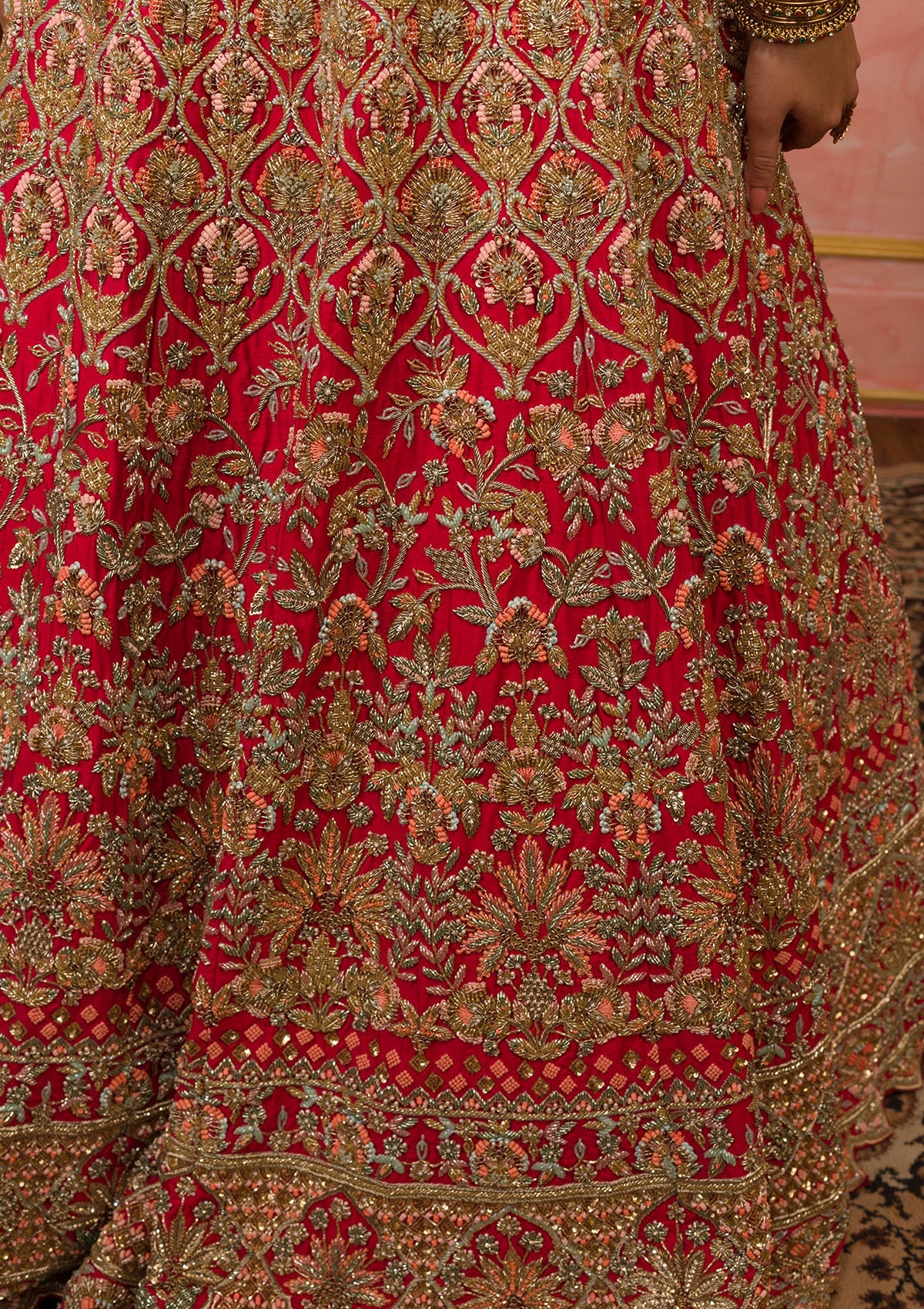 Red Zardosi Velvet Readymade Lehenga-Koskii