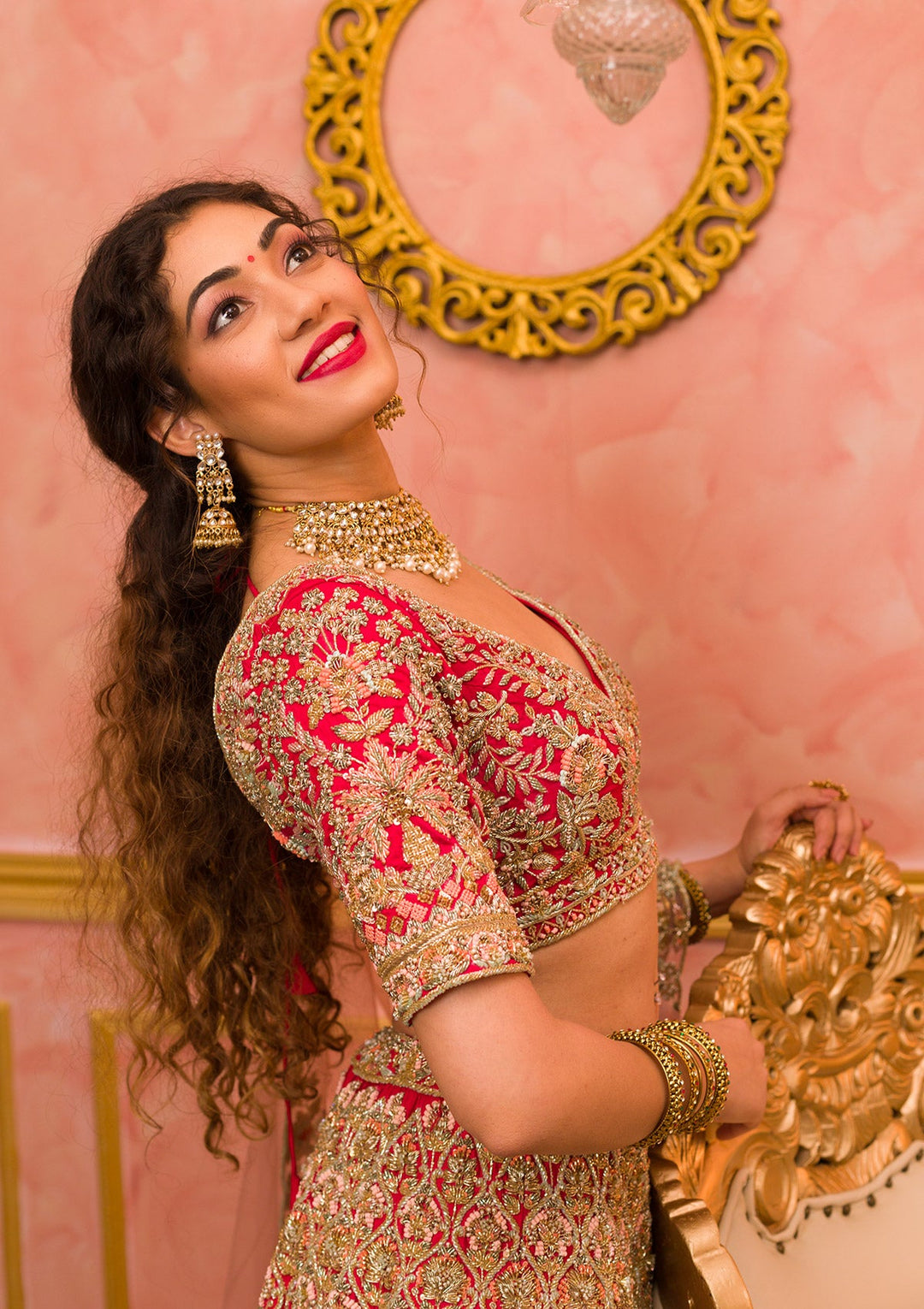 Red Zardosi Velvet Readymade Lehenga-Koskii