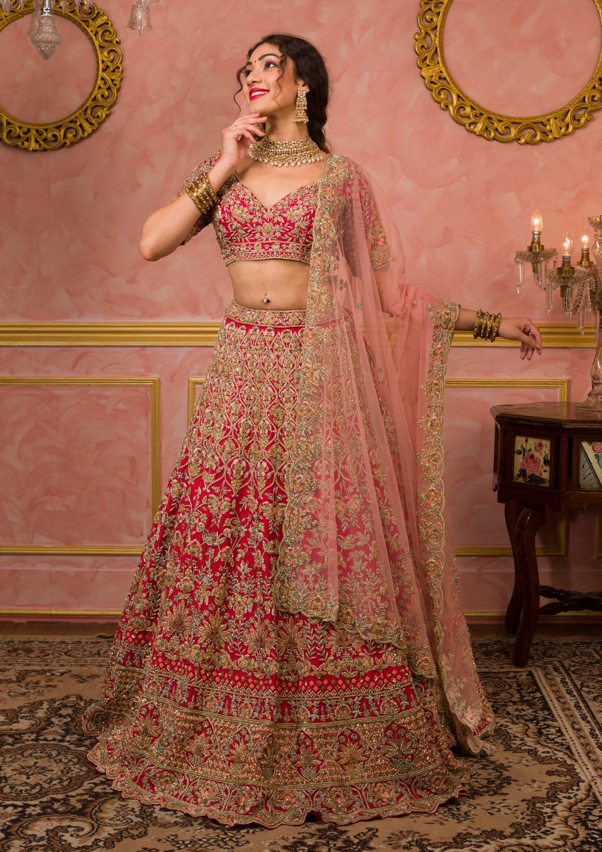 Red Zardosi Velvet Readymade Lehenga-Koskii