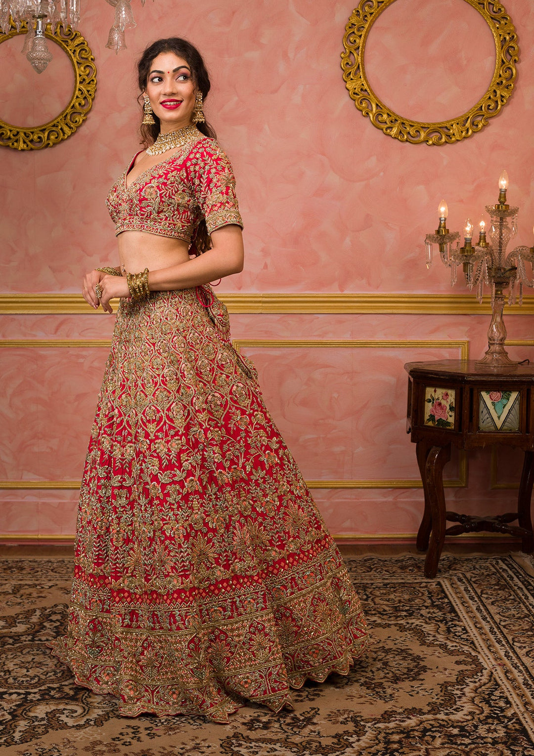 Red Zardosi Velvet Readymade Lehenga-Koskii