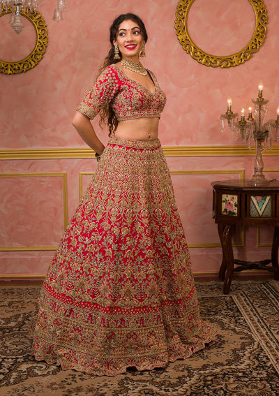 Red Zardosi Velvet Readymade Lehenga-Koskii