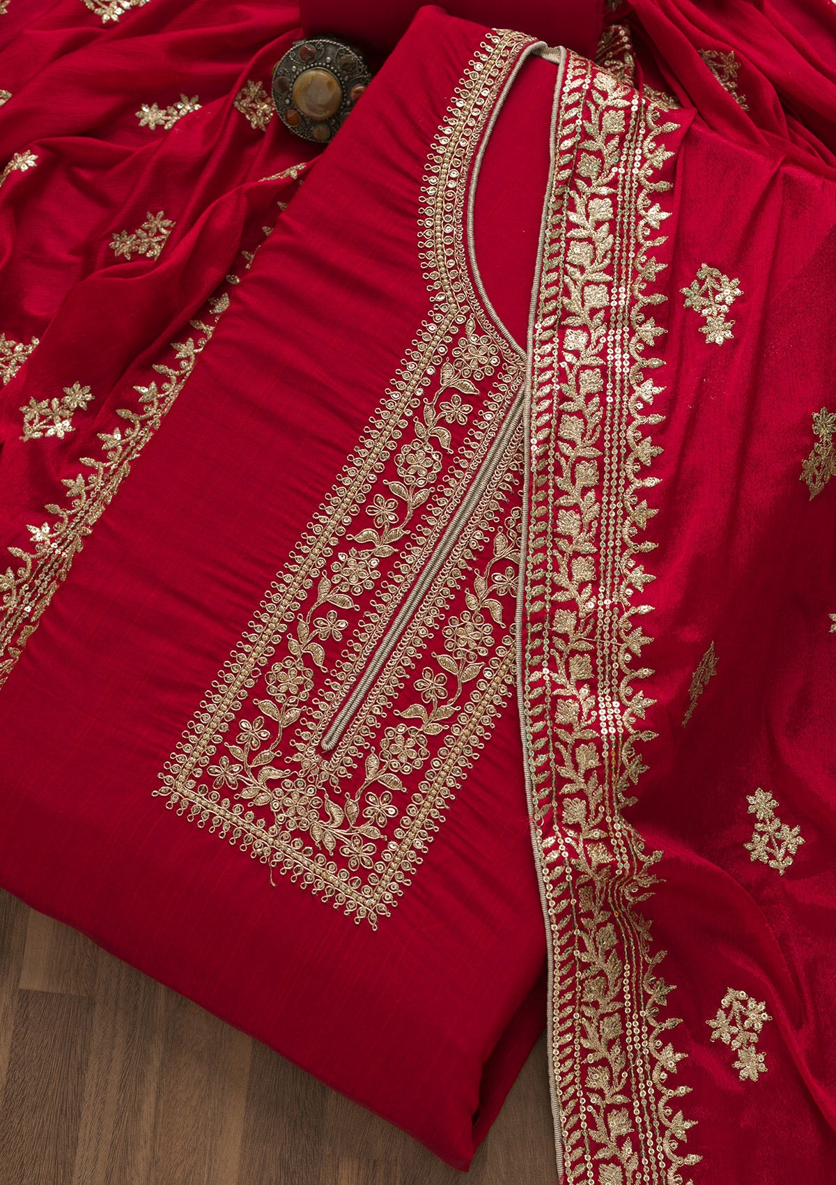 Red Zariwork Art Silk Semi-Stitched Salwar Suit-Koskii