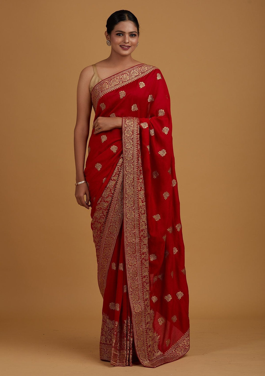 Buy Red Zariwork Art Silk Saree - Koskii