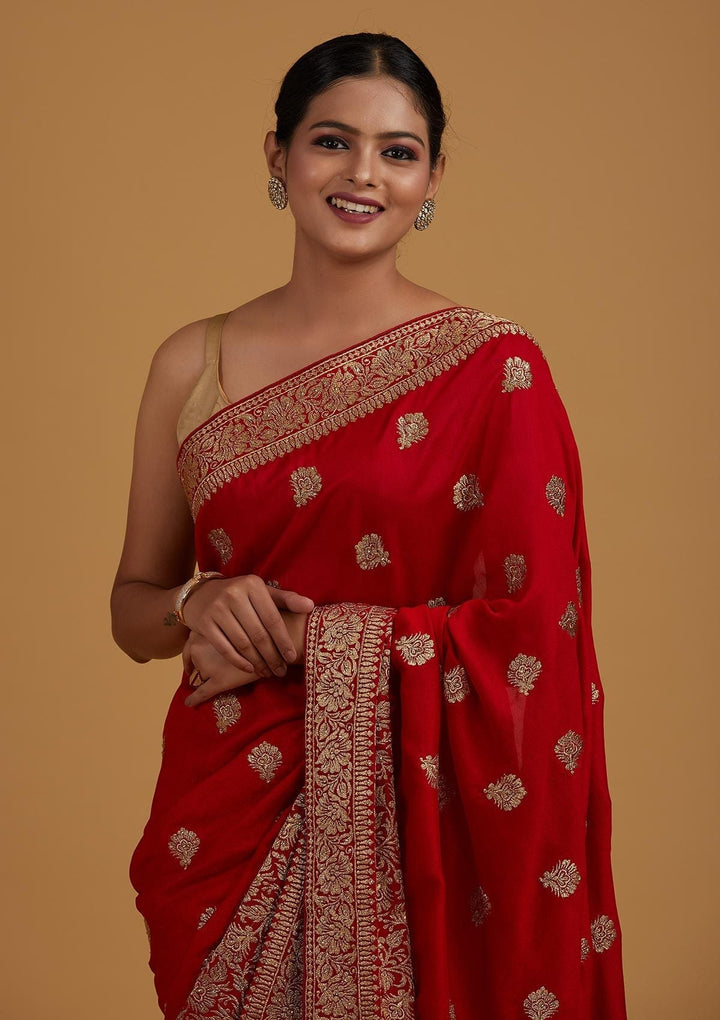 Red Zariwork Art Silk Designer Saree - Koskii