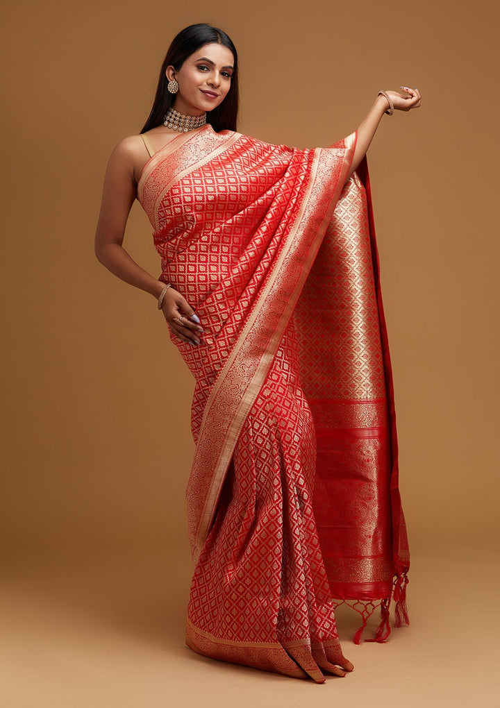 Red Zariwork Art Silk Designer Saree - Koskii