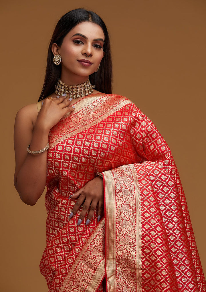 Red Zariwork Art Silk Designer Saree - Koskii