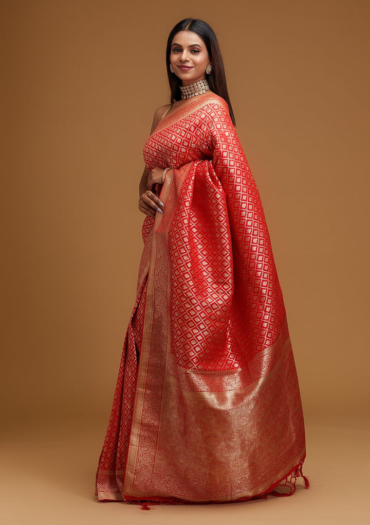 Red Zariwork Art Silk Designer Saree - Koskii