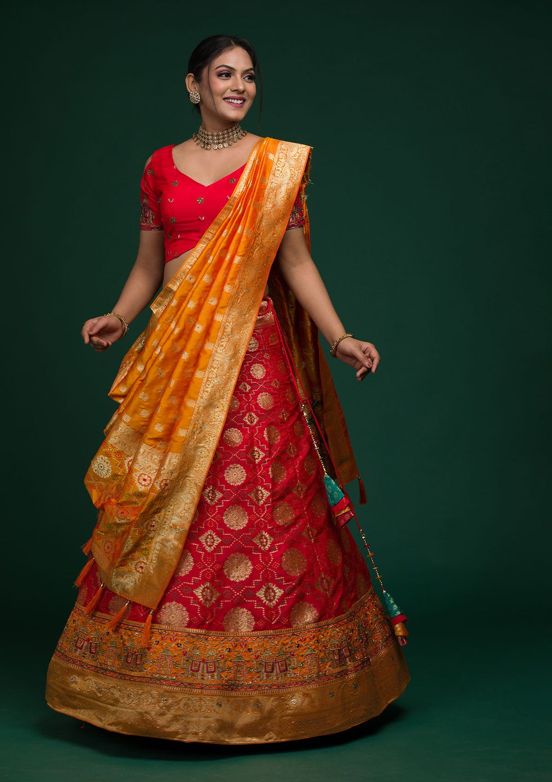 Red Zariwork Banarasi Lehenga-koskii