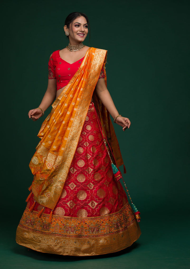 Red Zariwork Banarasi Lehenga-koskii
