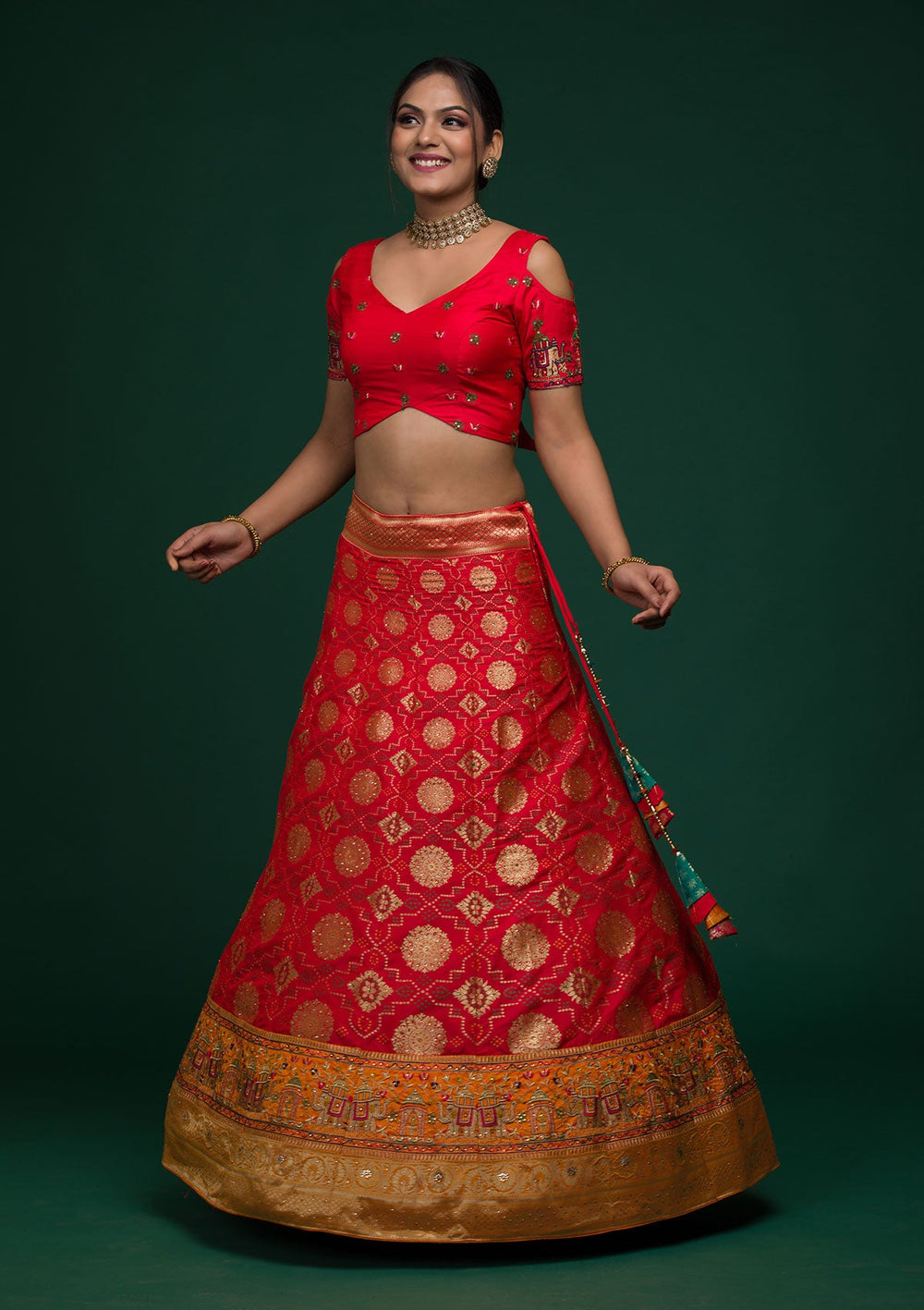 Red Zariwork Banarasi Lehenga-koskii