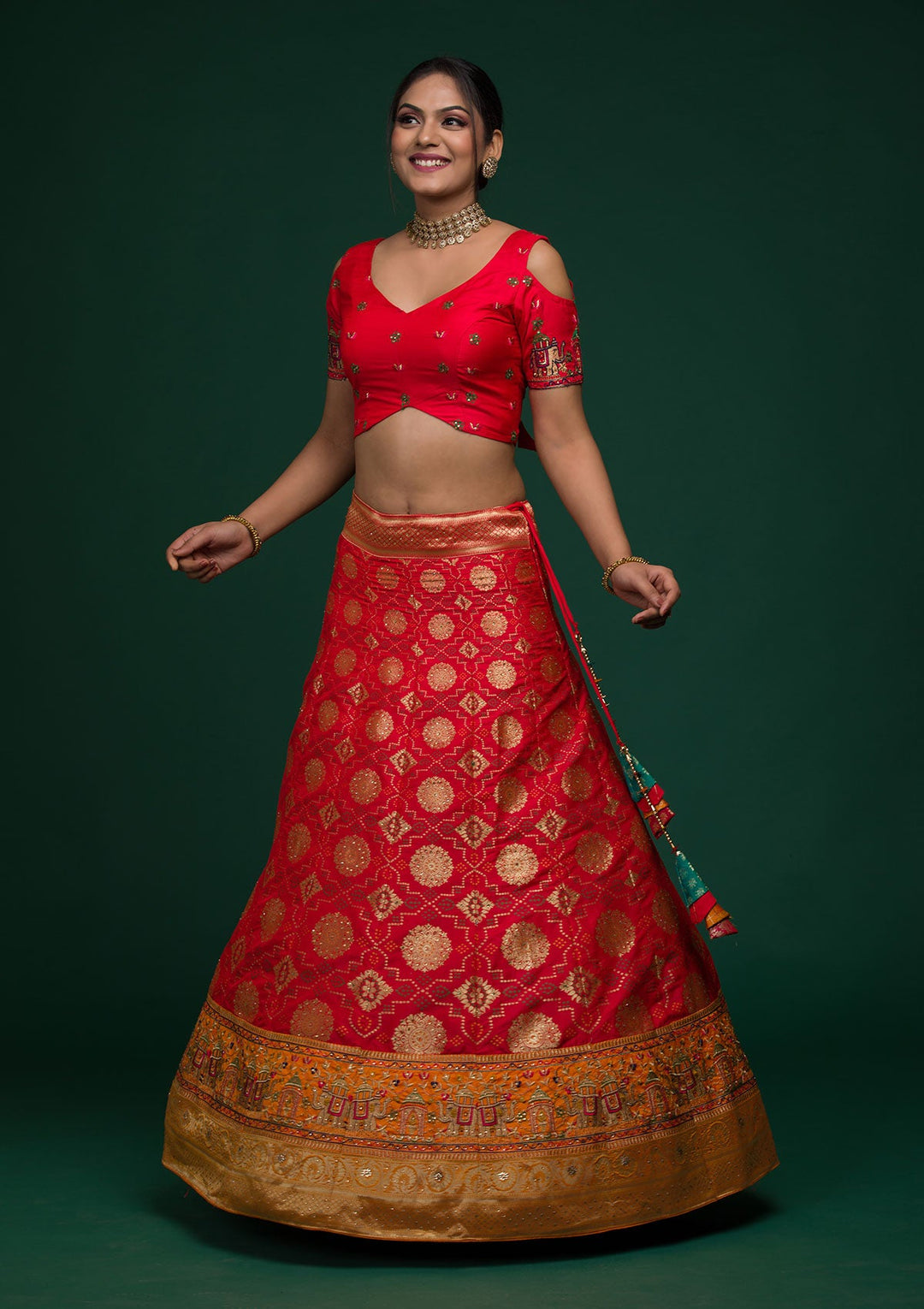 Red Zariwork Banarasi Lehenga-koskii