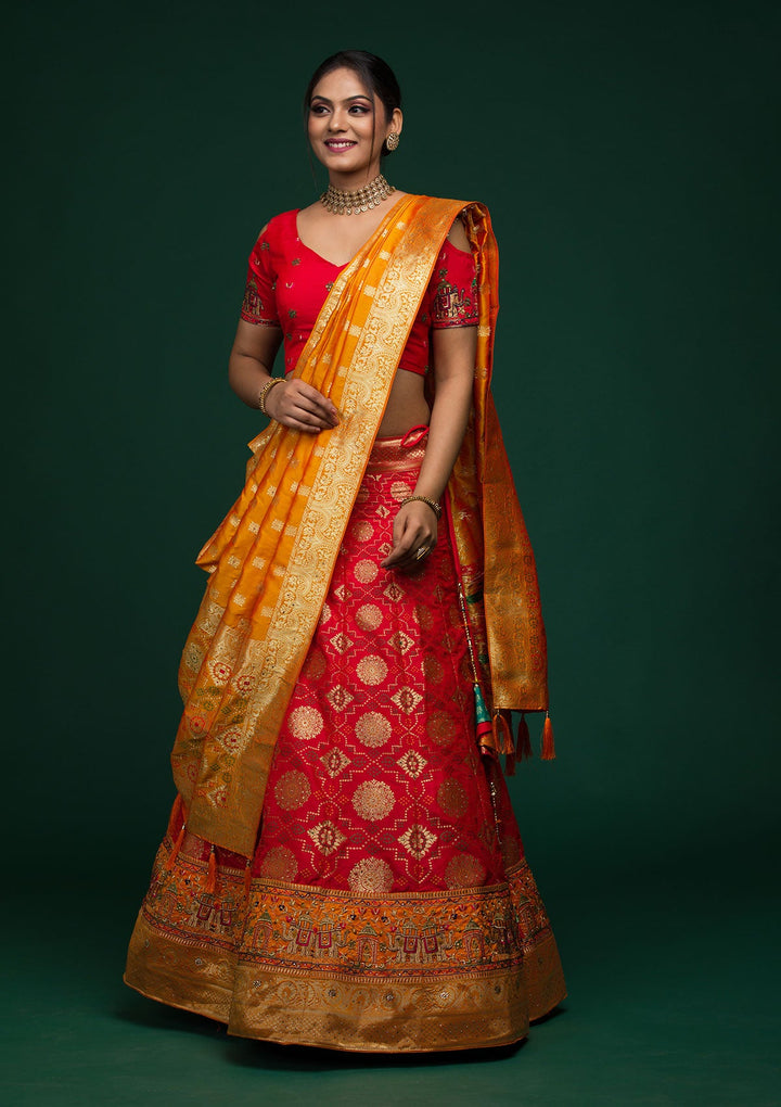 Red Zariwork Banarasi Lehenga-koskii