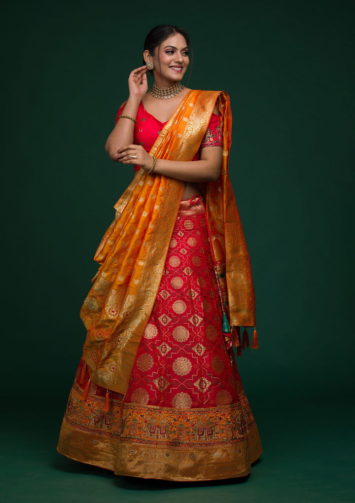 Red Zariwork Banarasi Lehenga-koskii