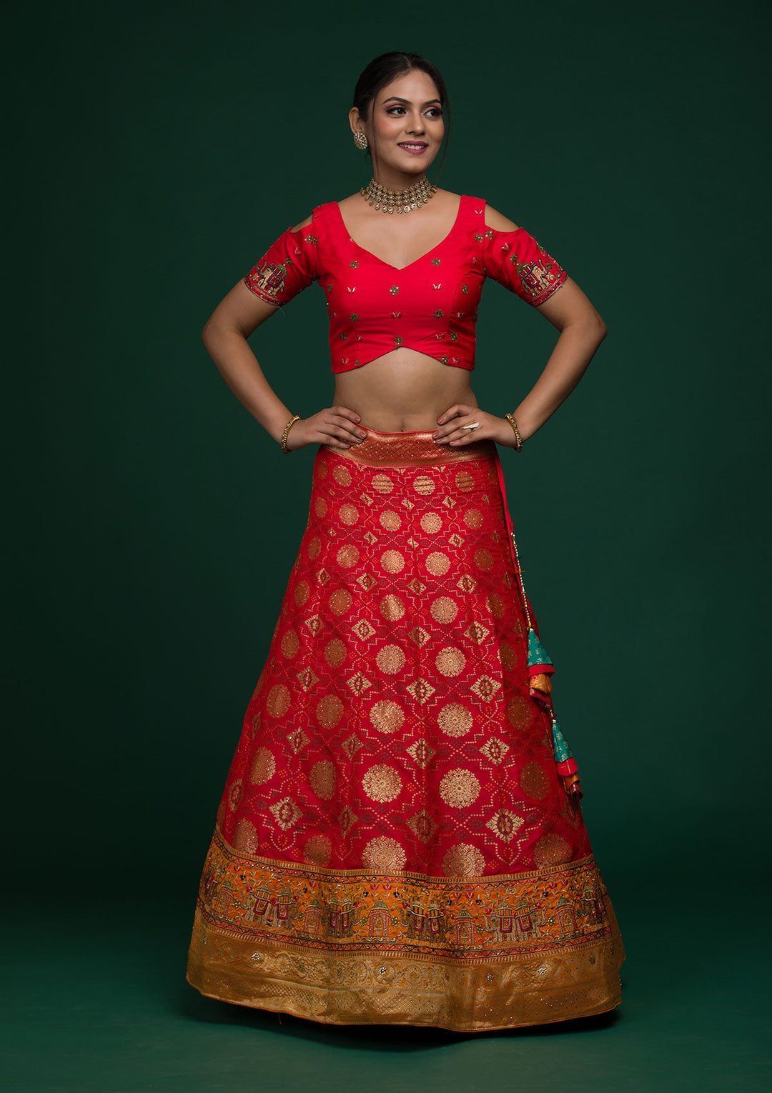 Red Zariwork Banarasi Lehenga-koskii