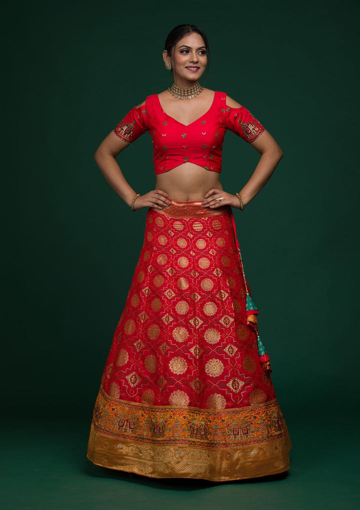 Red Zariwork Banarasi Lehenga-koskii